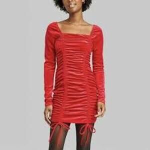 Wild Fable Velour Bodycon Dress Long Sleeve Ruched Red M Mini Party Cocktail New